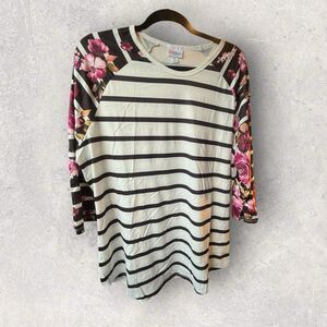 Lularoe Women's Randy Baseball Raglan Black White Stripe W/ Floral Size 2XL-NWT